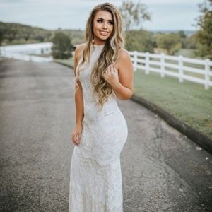 Long Lace Dress with Cap Sleeves